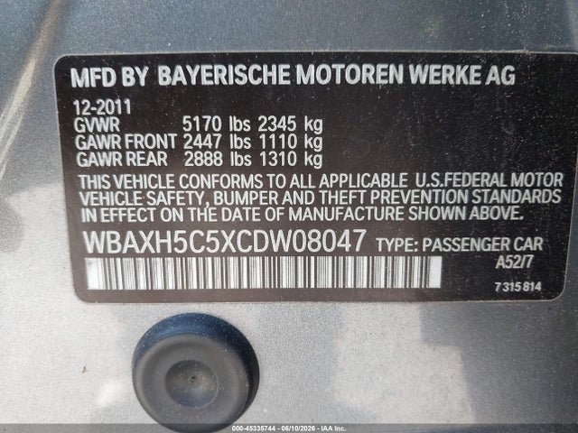 45335744 :رقم المزاد ، WBAXH5C5XCDW08047 vin ، 2012 Bmw 528i Xdrive مزاد بيع