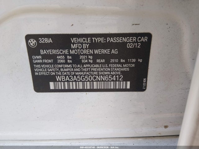 45335748 :رقم المزاد ، WBA3A5G50CNN65412 vin ، 2012 Bmw 328i مزاد بيع
