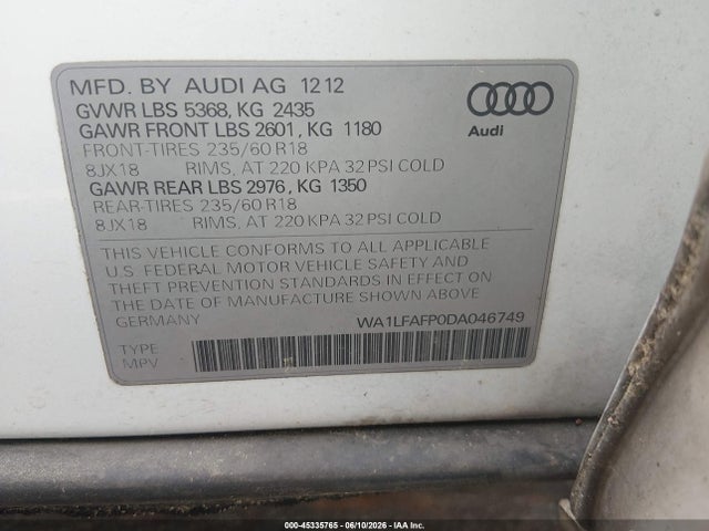 Aukcja sprzedaży 2013 Audi Q5 2.0t Premium, vin: WA1LFAFP0DA046749, numer aukcji: 45335765