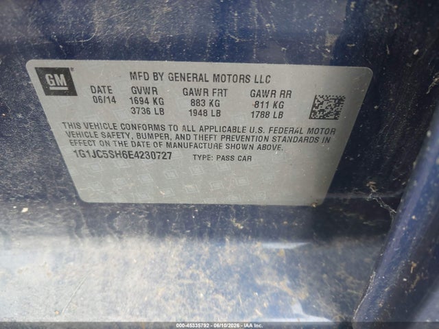 45335792 :رقم المزاد ، 1G1JC5SH6E4230727 vin ، 2014 Chevrolet Sonic Lt Auto مزاد بيع
