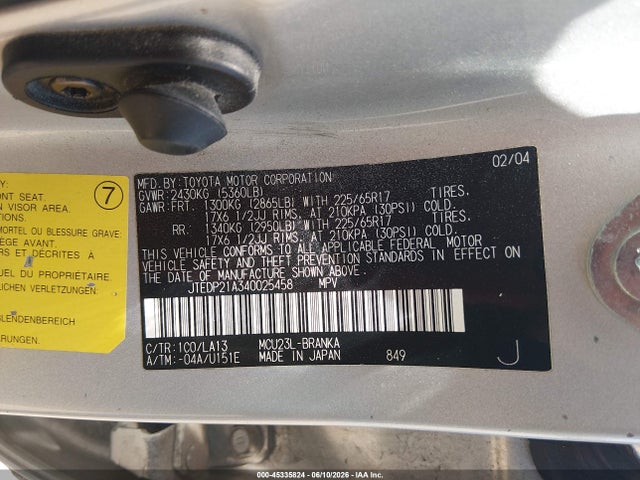 Aukcja sprzedaży 2004 Toyota Highlander Limited V6, vin: JTEDP21A340025458, numer aukcji: 45335824