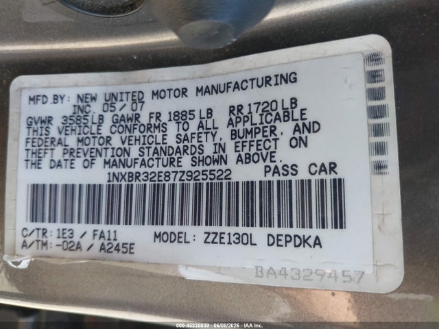 Продаж на аукціоні авто 2007 Toyota Corolla Ce, vin: 1NXBR32E87Z925522, номер лоту: 45335839