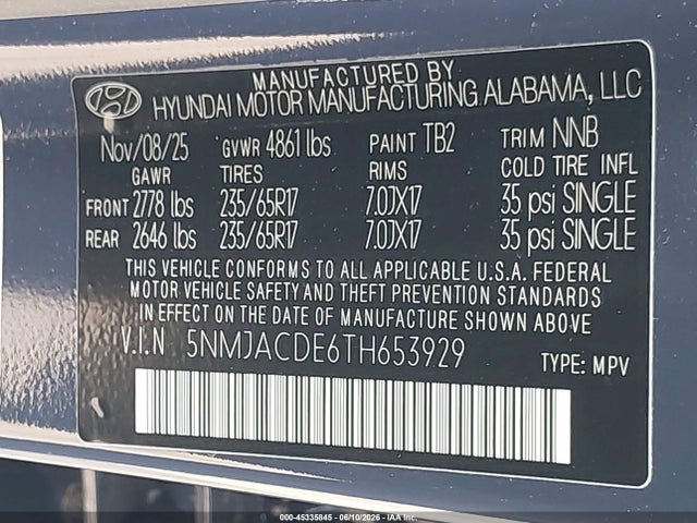 Продажа на аукционе авто 2026 Hyundai Tucson Se, vin: 5NMJACDE6TH653929, номер лота: 45335845