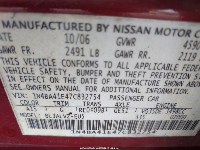 Aukcja sprzedaży 2007 Nissan Maxima 3.5 Se, vin: 1N4BA41E47C832754, numer aukcji: 45335854