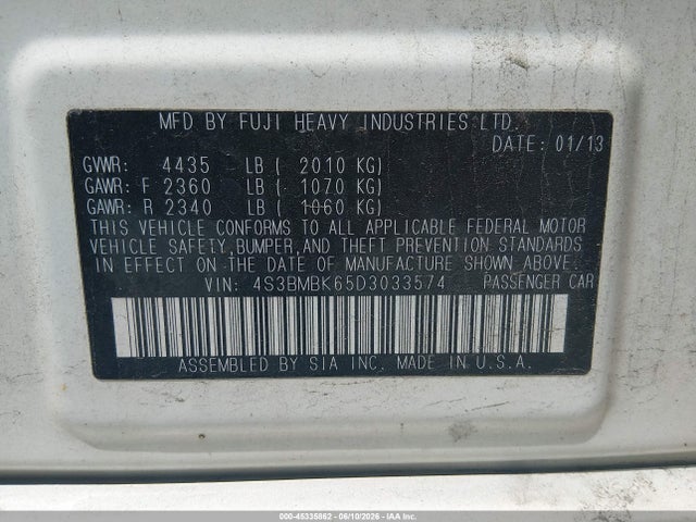 45335862 :رقم المزاد ، 4S3BMBK65D3033574 vin ، 2013 Subaru Legacy 2.5i Limited مزاد بيع