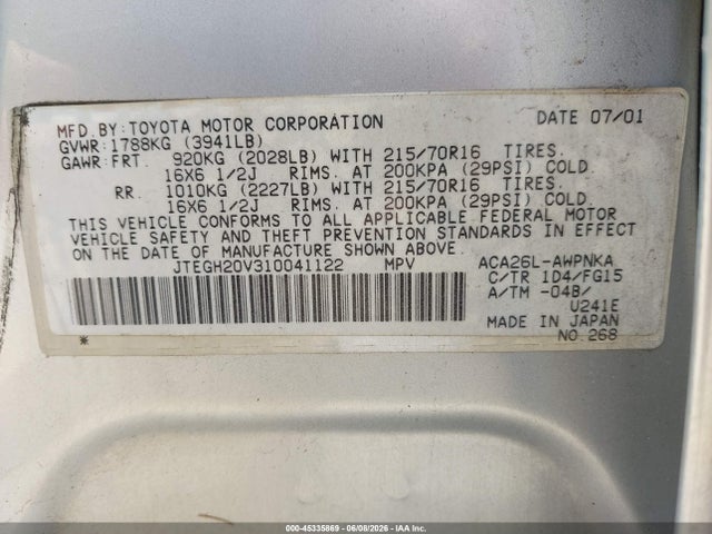 45335869 :رقم المزاد ، JTEGH20V310041122 vin ، 2001 Toyota Rav4 مزاد بيع