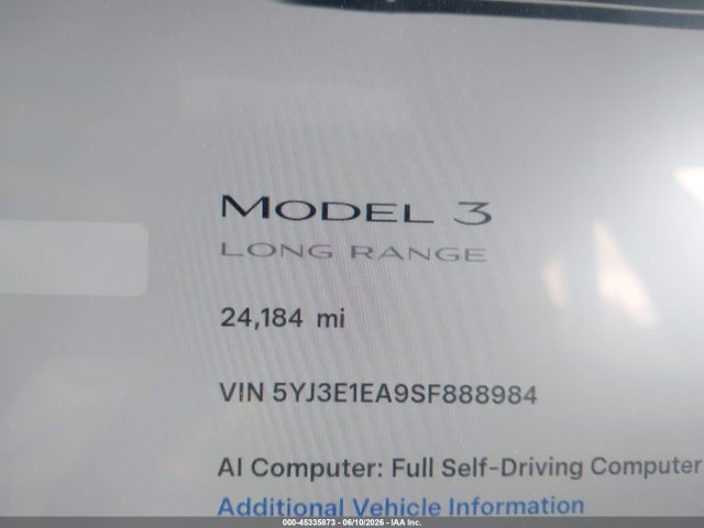Auction sale of the 2025 Tesla Model 3 Long Range Rear-wheel Drive/standard Rear-wheel Drive, vin: 5YJ3E1EA9SF888984, lot number: 45335873