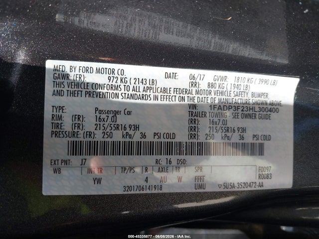 2017 Ford Focus Se მანქანა იყიდება აუქციონზე, vin: 1FADP3F23HL300400, აუქციონის ნომერი: 45335877