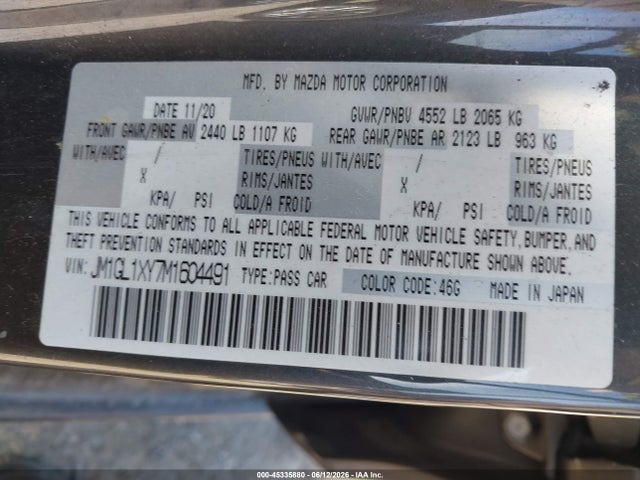 2021 Mazda Mazda6 Signature მანქანა იყიდება აუქციონზე, vin: JM1GL1XY7M1604491, აუქციონის ნომერი: 45335880