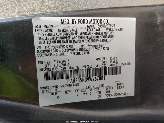 Продажа на аукционе авто 2009 Ford Focus Se, vin: 1FAHP35N39W267881, номер лота: 45335882
