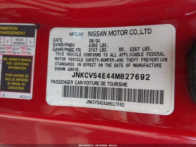 45335912 :رقم المزاد ، JNKCV54E44M827692 vin ، 2004 Infiniti G35 مزاد بيع