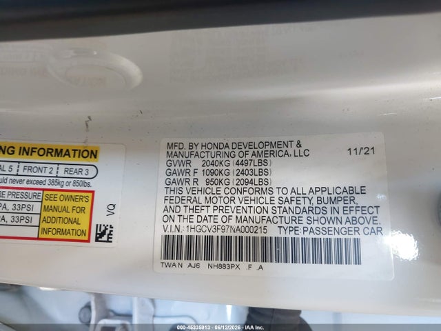 2022 Honda Accord Hybrid Touring მანქანა იყიდება აუქციონზე, vin: 1HGCV3F97NA000215, აუქციონის ნომერი: 45335913