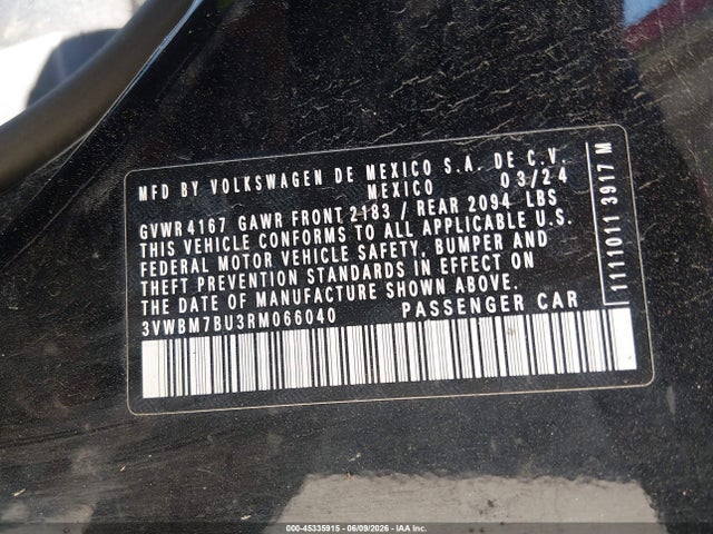 Aukcja sprzedaży 2024 Volkswagen Jetta 1.5t Sport, vin: 3VWBM7BU3RM066040, numer aukcji: 45335915