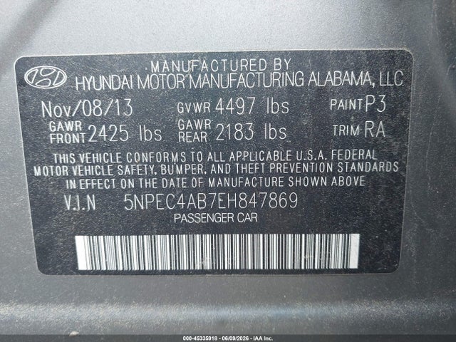 45335918 :رقم المزاد ، 5NPEC4AB7EH847869 vin ، 2014 Hyundai Sonata Se 2.0t مزاد بيع