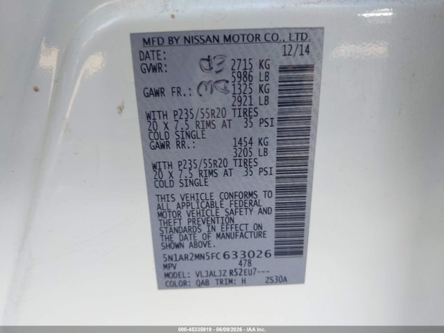 Продажа на аукционе авто 2015 Nissan Pathfinder Platinum, vin: 5N1AR2MN5FC633026, номер лота: 45335919