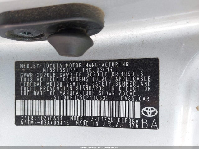 45335945 :رقم المزاد ، 5YFBURHE5EP110539 vin ، 2014 Toyota Corolla L مزاد بيع