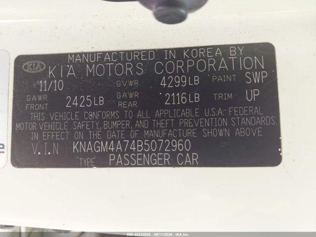 Aukcja sprzedaży 2011 Kia Optima Lx, vin: KNAGM4A74B5072960, numer aukcji: 45335985