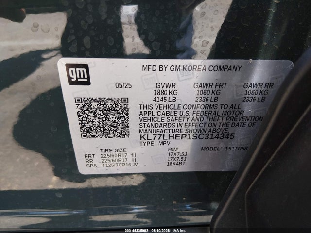 KL77LHEP1SC314345 Chevrolet Trax Fwd Lt