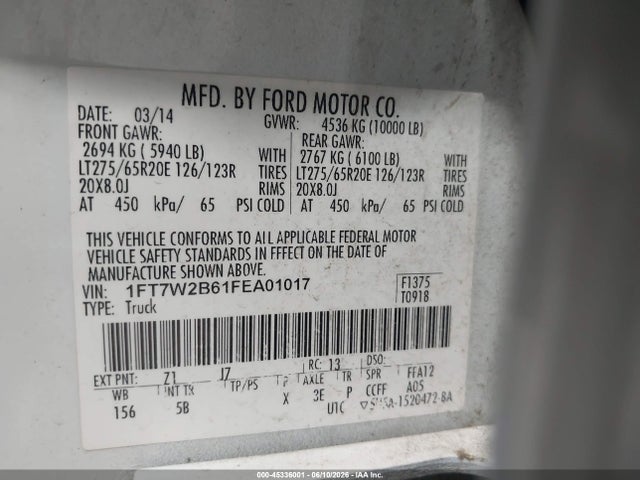 Продажа на аукционе авто 2015 Ford F-250 Lariat, vin: 1FT7W2B61FEA01017, номер лота: 45336001
