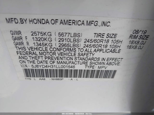 Acura Mdx Standard 2020 5J8YD4H31LL001546 Image 9