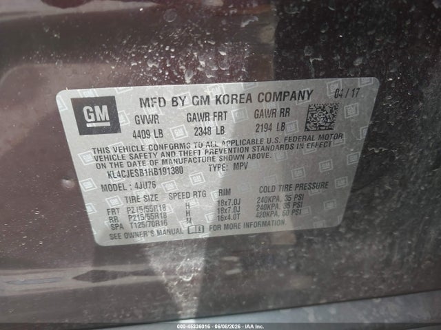 Aukcja sprzedaży 2017 Buick Encore Preferred, vin: KL4CJESB1HB191380, numer aukcji: 45336016