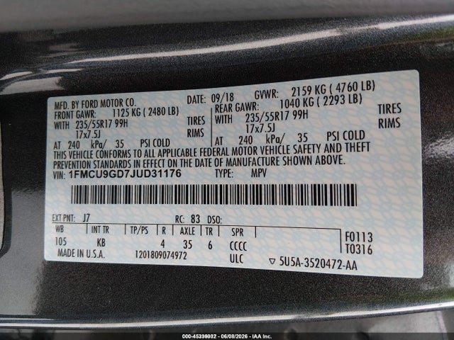 Ford ESCAPE SE 2018 1FMCU9GD7JUD31176 Image 9