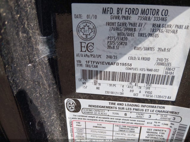 45336047 :رقم المزاد ، 1FTFW1EV6AFB19558 vin ، 2010 Ford F150 Supercrew مزاد بيع
