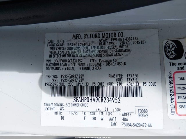 Продажа на аукционе авто 2012 Ford Fusion Se, vin: 3FAHP0HA9CR234952, номер лота: 45336049