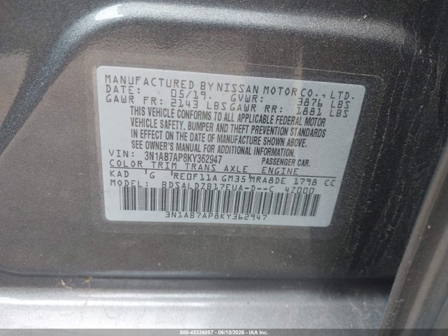 Продаж на аукціоні авто 2019 Nissan Sentra Sv, vin: 3N1AB7AP8KY362947, номер лоту: 45336057