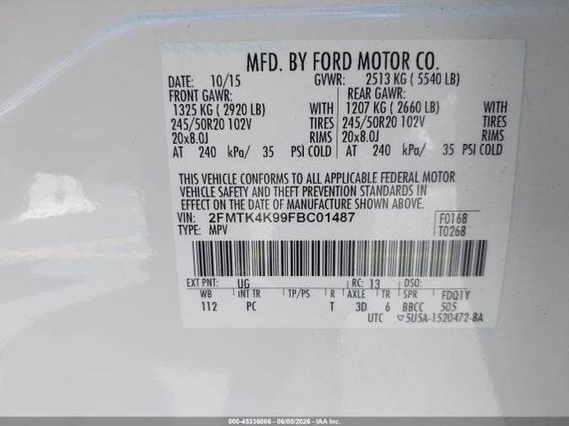 Aukcja sprzedaży 2015 Ford Edge Titanium, vin: 2FMTK4K99FBC01487, numer aukcji: 45336086