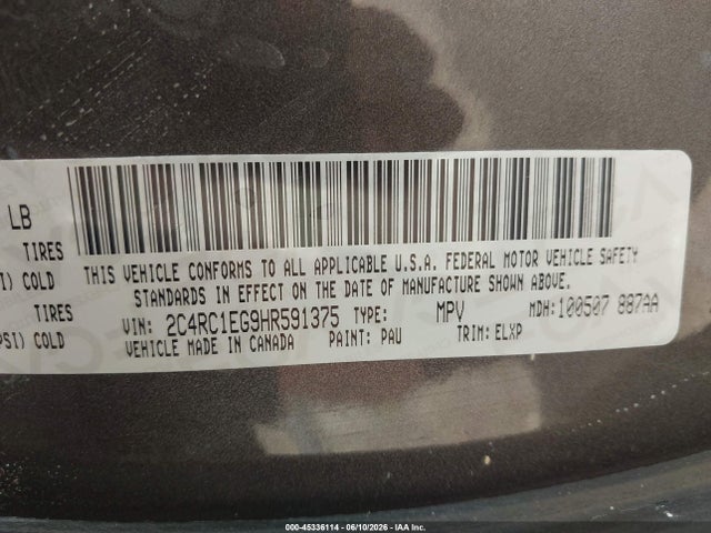 Aukcja sprzedaży 2017 Chrysler Pacifica Touring-l Plus, vin: 2C4RC1EG9HR591375, numer aukcji: 45336114