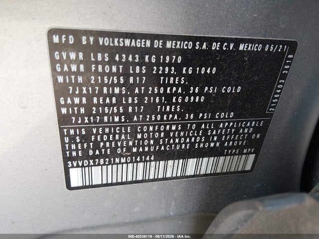 Продаж на аукціоні авто 2022 Volkswagen Taos 1.5t S, vin: 3VVDX7B21NM014144, номер лоту: 45336116