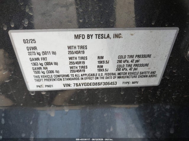 Aukcja sprzedaży 2025 Tesla Model Y Long Range Dual Motor Rear-wheel Drive, vin: 7SAYGDED8SF306453, numer aukcji: 45336117