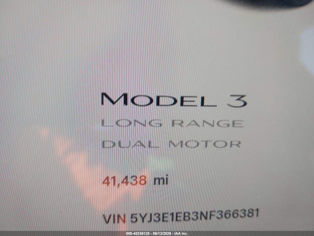 45336125 :رقم المزاد ، 5YJ3E1EB3NF366381 vin ، 2022 Tesla Model 3 Long Range Dual Motor All-wheel Drive مزاد بيع