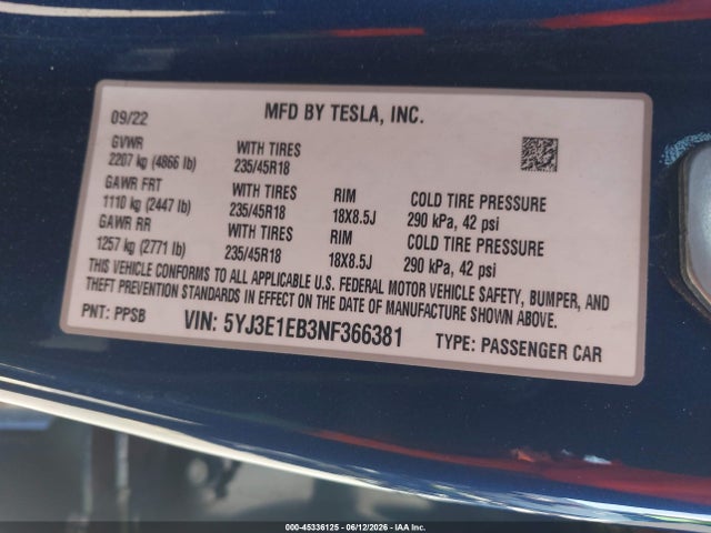 45336125 :رقم المزاد ، 5YJ3E1EB3NF366381 vin ، 2022 Tesla Model 3 Long Range Dual Motor All-wheel Drive مزاد بيع