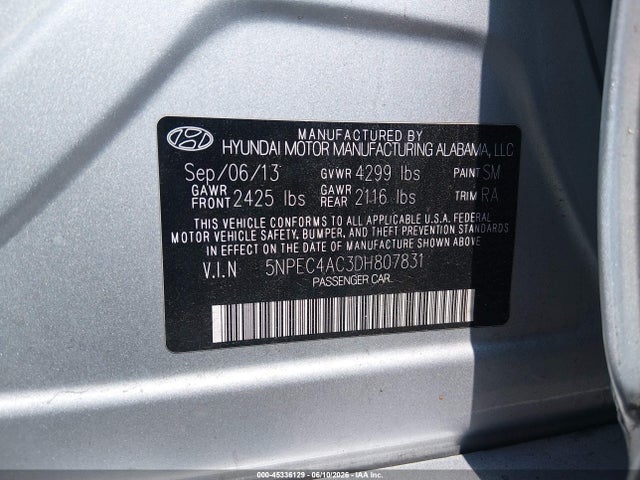 2013 Hyundai Sonata Limited მანქანა იყიდება აუქციონზე, vin: 5NPEC4AC3DH807831, აუქციონის ნომერი: 45336129