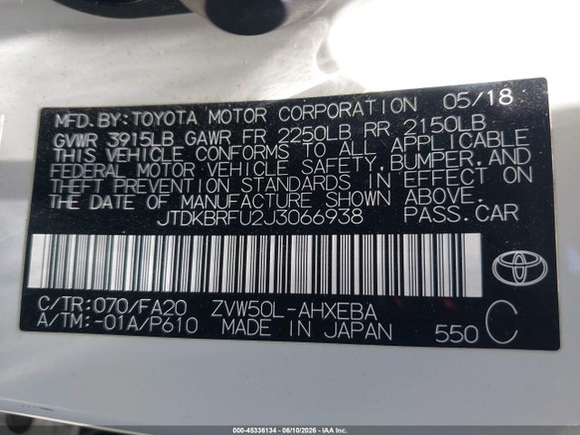 Aukcja sprzedaży 2018 Toyota Prius Two, vin: JTDKBRFU2J3066938, numer aukcji: 45336134