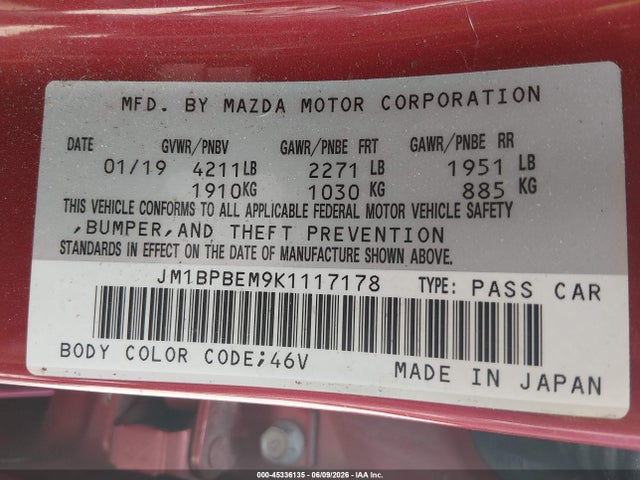 2019 Mazda Mazda3 Premium Package მანქანა იყიდება აუქციონზე, vin: JM1BPBEM9K1117178, აუქციონის ნომერი: 45336135