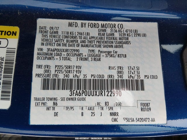 3FA6P0UUXJR122990 Ford Fusion Hybrid S