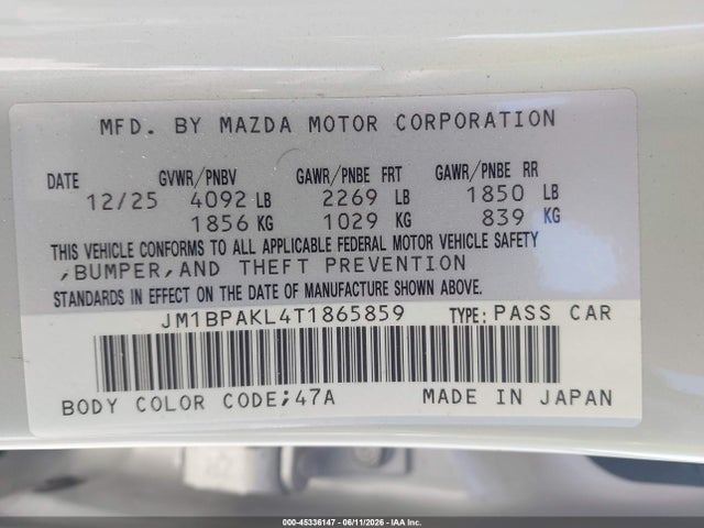 Продажа на аукционе авто 2026 Mazda Mazda3 2.5 S Select Sport, vin: JM1BPAKL4T1865859, номер лота: 45336147