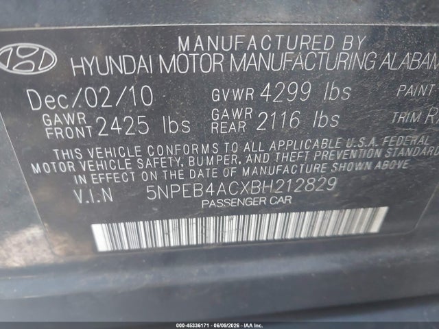 Aukcja sprzedaży 2011 Hyundai Sonata Gls, vin: 5NPEB4ACXBH212829, numer aukcji: 45336171