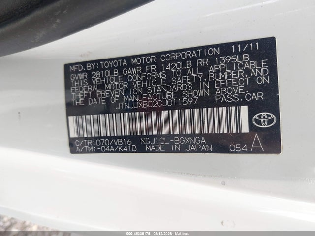 Продаж на аукціоні авто 2012 Scion Iq, vin: JTNJJXB02CJ011597, номер лоту: 45336175