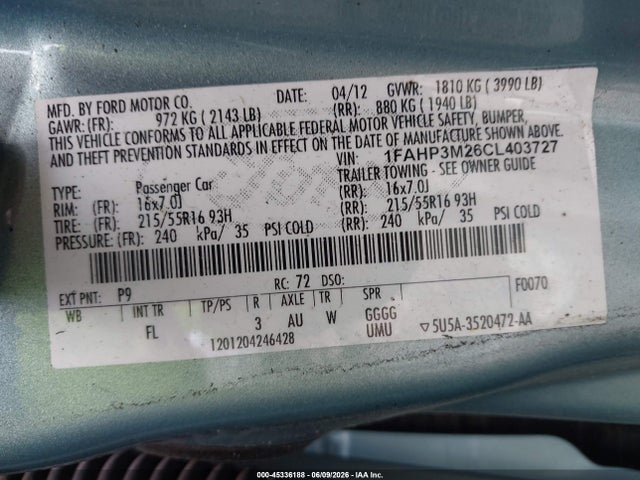 Aukcja sprzedaży 2012 Ford Focus Sel, vin: 1FAHP3M26CL403727, numer aukcji: 45336188