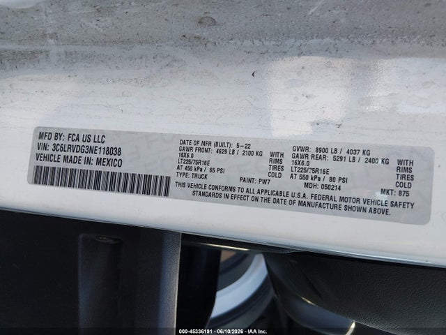 2022 Ram Promaster 2500 მანქანა იყიდება აუქციონზე, vin: 3C6LRVDG3NE118038, აუქციონის ნომერი: 45336191