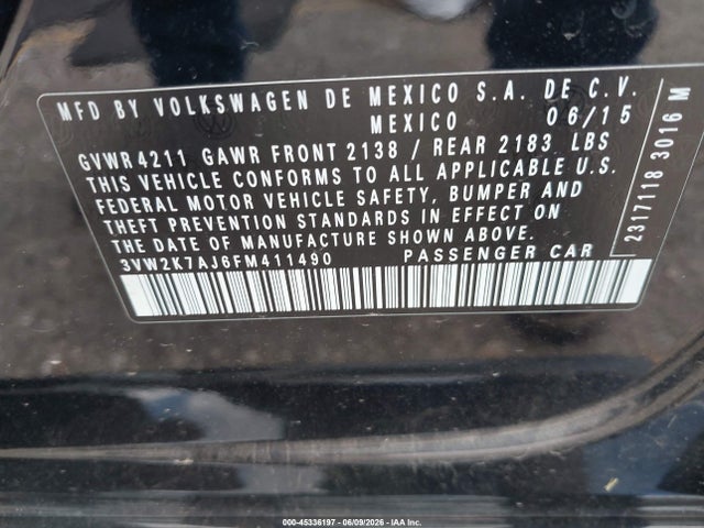 Aukcja sprzedaży 2015 Volkswagen Jetta 2.0l S, vin: 3VW2K7AJ6FM411490, numer aukcji: 45336197