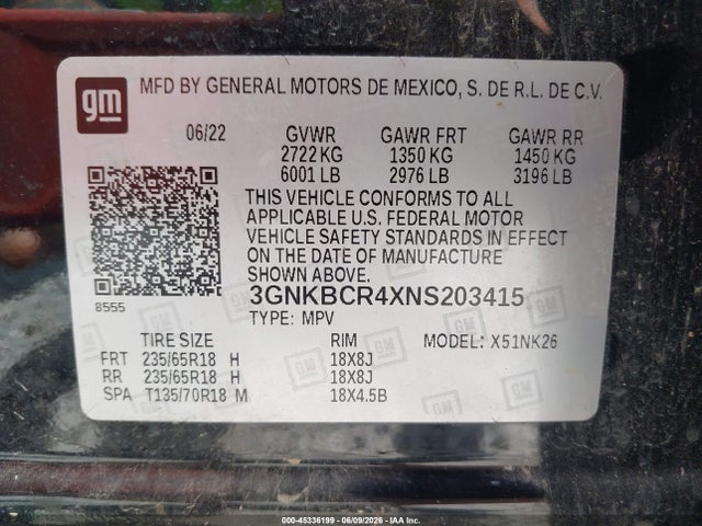 45336199 :رقم المزاد ، 3GNKBCR4XNS203415 vin ، 2022 Chevrolet Blazer Fwd 2lt مزاد بيع