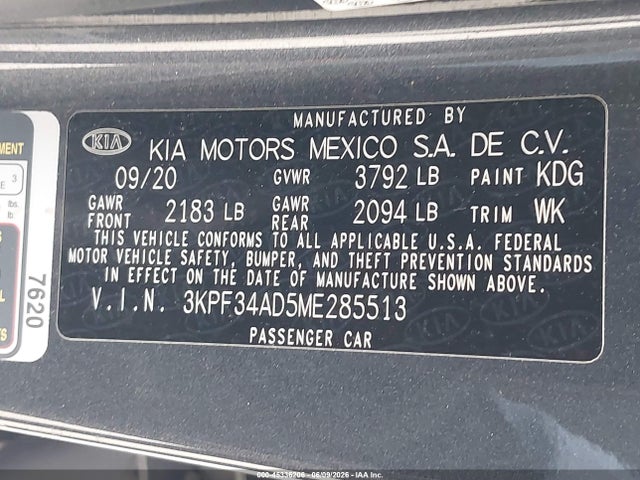 2021 Kia Forte Gt-line მანქანა იყიდება აუქციონზე, vin: 3KPF34AD5ME285513, აუქციონის ნომერი: 45336206