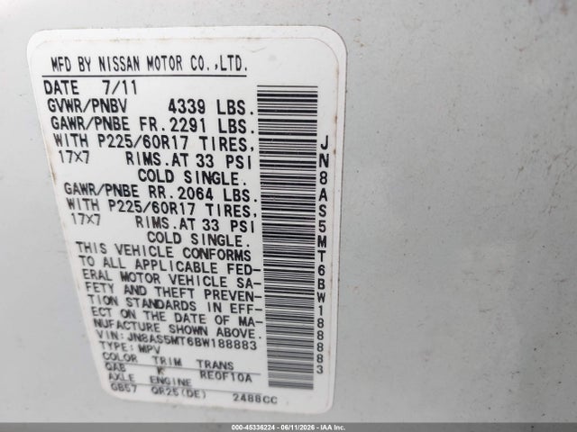 Aukcja sprzedaży 2011 Nissan Rogue Sv, vin: JN8AS5MT6BW188883, numer aukcji: 45336224