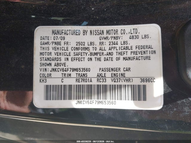 2009 Infiniti G37x მანქანა იყიდება აუქციონზე, vin: JNKCV64F79M653560, აუქციონის ნომერი: 45336228