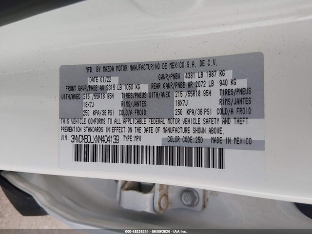 45336231 :رقم المزاد ، 3MVDMBDLXNM404139 vin ، 2022 Mazda Cx-30 Premium مزاد بيع